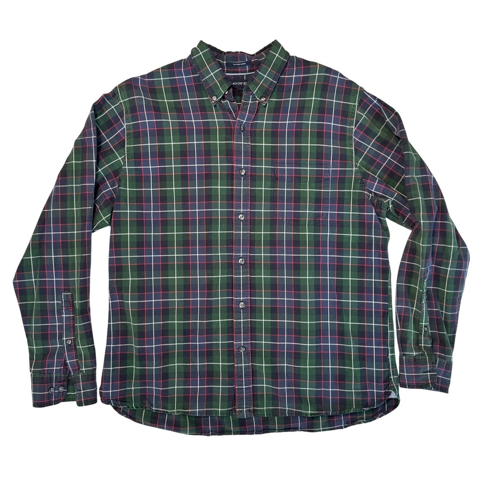 Lands' End Sail Rigger Oxford Men Green Plaid‎ Traditional Fit Button Down Large